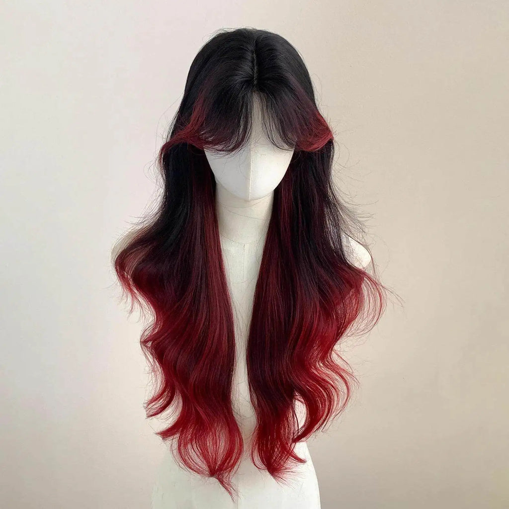 Hairstudio Long Wavy Wig Black To Red Ombre Balayage Highlight Center Part Bangs Full  Wig For Women Cosplay Daily Partysyntheti