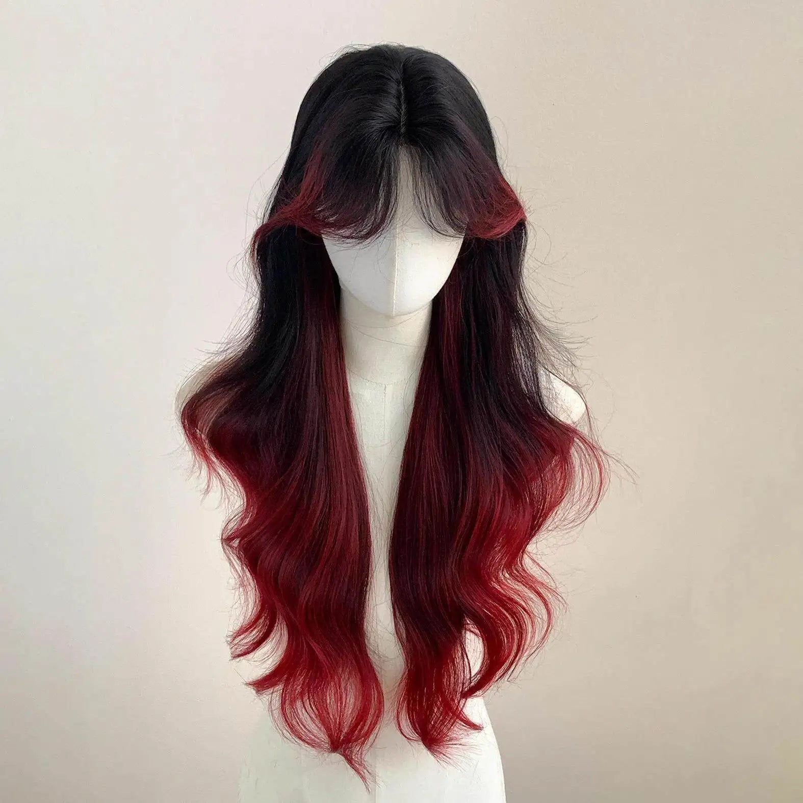 Hairstudio Long Wavy Wig Black To Red Ombre Balayage Highlight Center Part Bangs Full  Wig For Women Cosplay Daily Partysyntheti