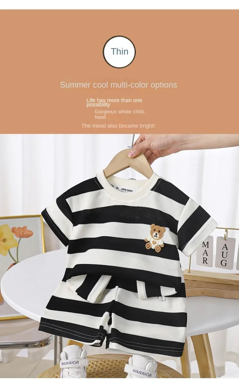 Summer Children Sets Boys Girls Short-sleeved Striped T-shirt +Shorts Set Babies Fashion Round Neck Tracksuits Kids Suits