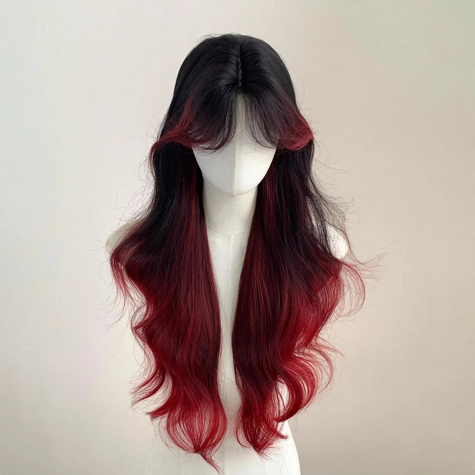 Hairstudio Long Wavy Wig Black To Red Ombre Balayage Highlight Center Part Bangs Full  Wig For Women Cosplay Daily Partysyntheti