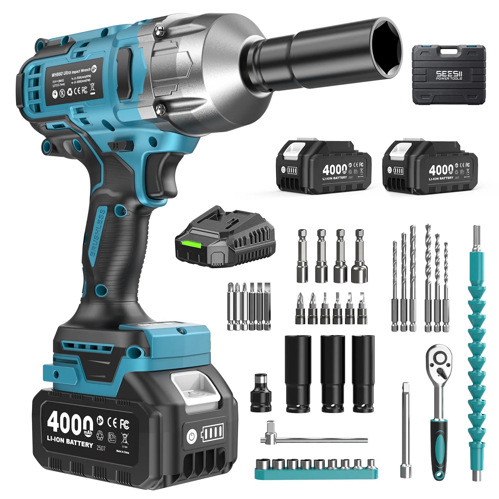 SEESII Cordless Impact Wrench Brushless Motor 1032Ft-lbs (1400N.m) Electric Impact Driver 2x4000mah Screwdriver Repair Tools