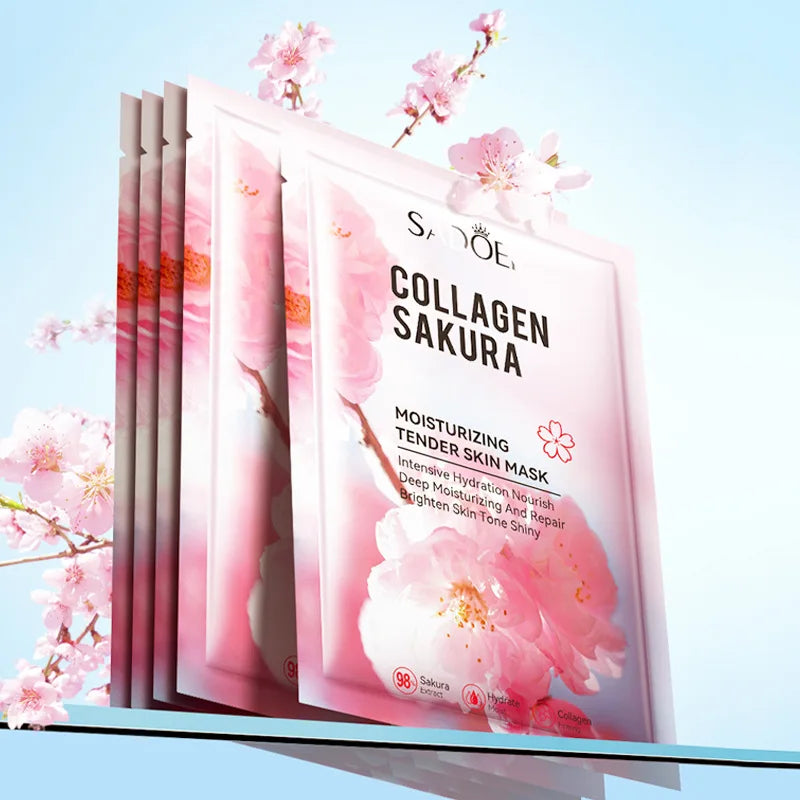 5pcs SADOER Sakura Face Mask Facial Skincare Moisturizing Brightening Hydrating Firming Collagen Facial Masks Face Sheet Mask