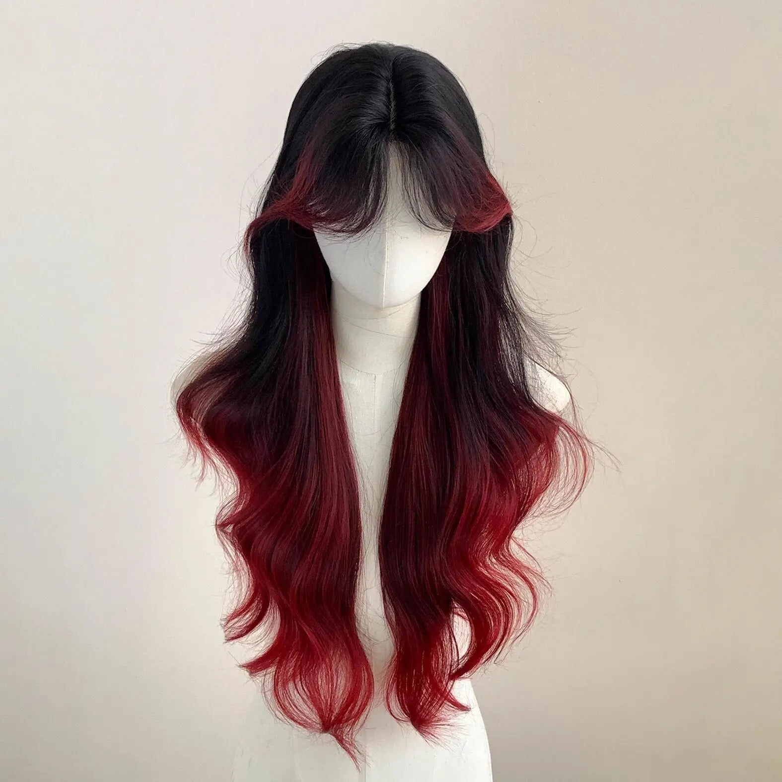 Hairstudio Long Wavy Wig Black To Red Ombre Balayage Highlight Center Part Bangs Full  Wig For Women Cosplay Daily Partysyntheti