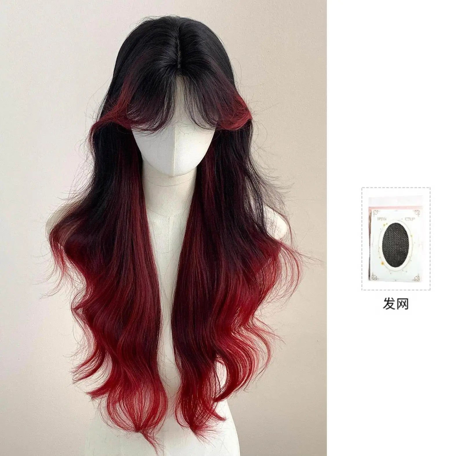 Hairstudio Long Wavy Wig Black To Red Ombre Balayage Highlight Center Part Bangs Full  Wig For Women Cosplay Daily Partysyntheti