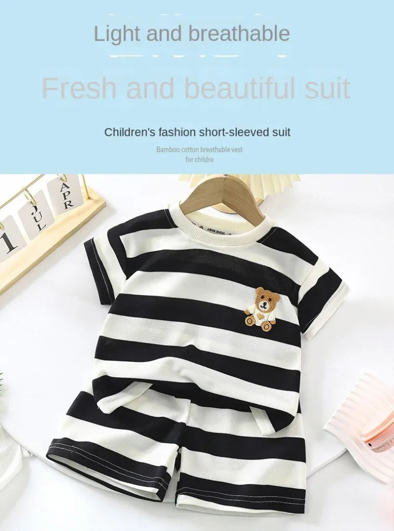 Summer Children Sets Boys Girls Short-sleeved Striped T-shirt +Shorts Set Babies Fashion Round Neck Tracksuits Kids Suits