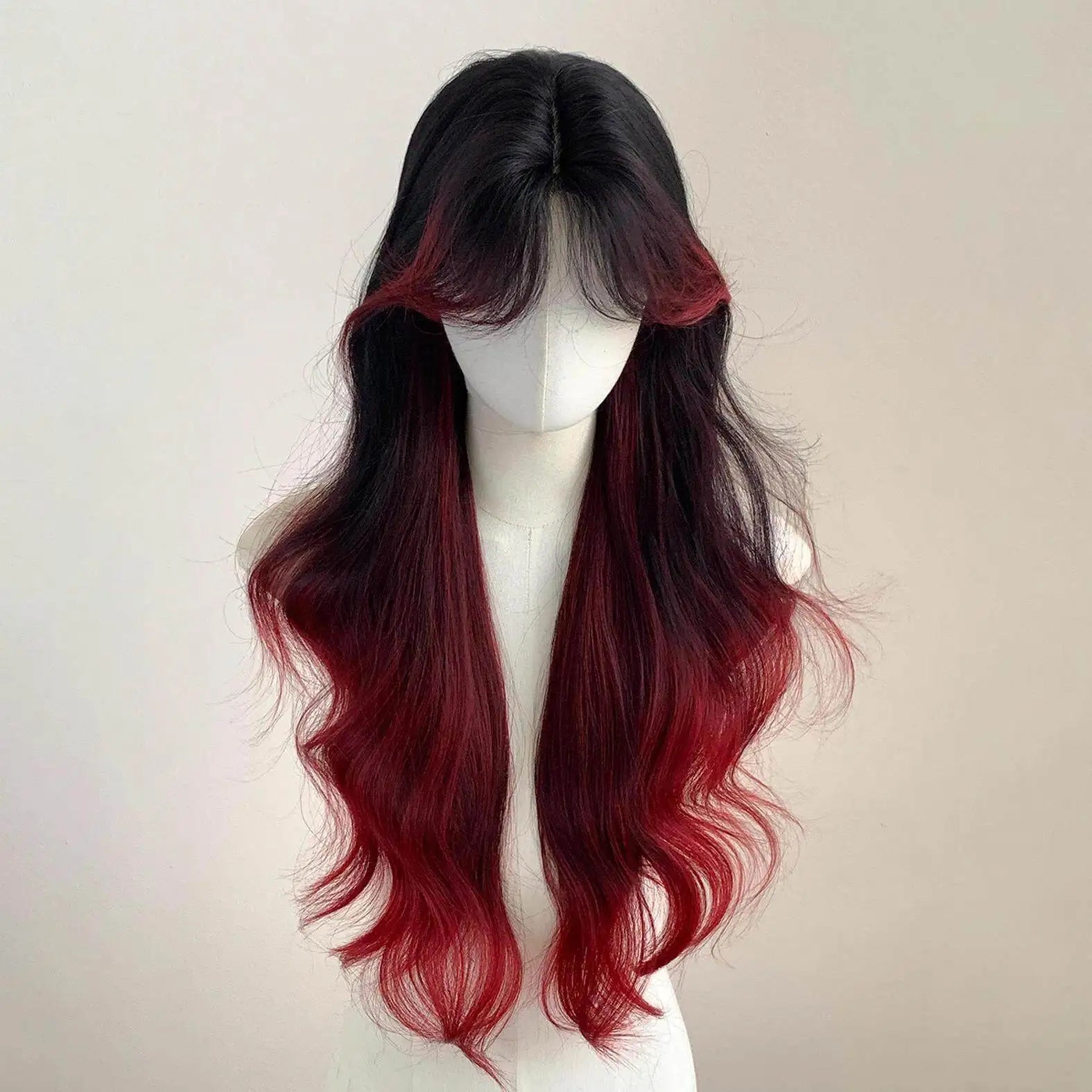Hairstudio Long Wavy Wig Black To Red Ombre Balayage Highlight Center Part Bangs Full  Wig For Women Cosplay Daily Partysyntheti