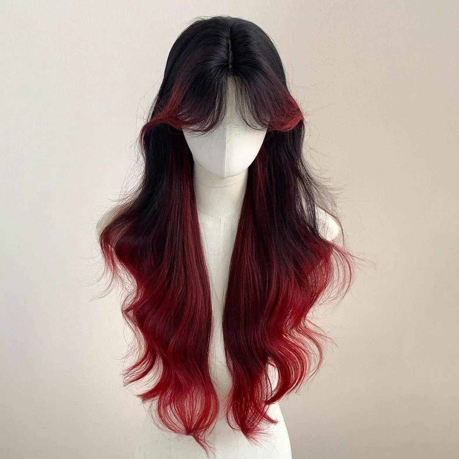 Hairstudio Long Wavy Wig Black To Red Ombre Balayage Highlight Center Part Bangs Full  Wig For Women Cosplay Daily Partysyntheti