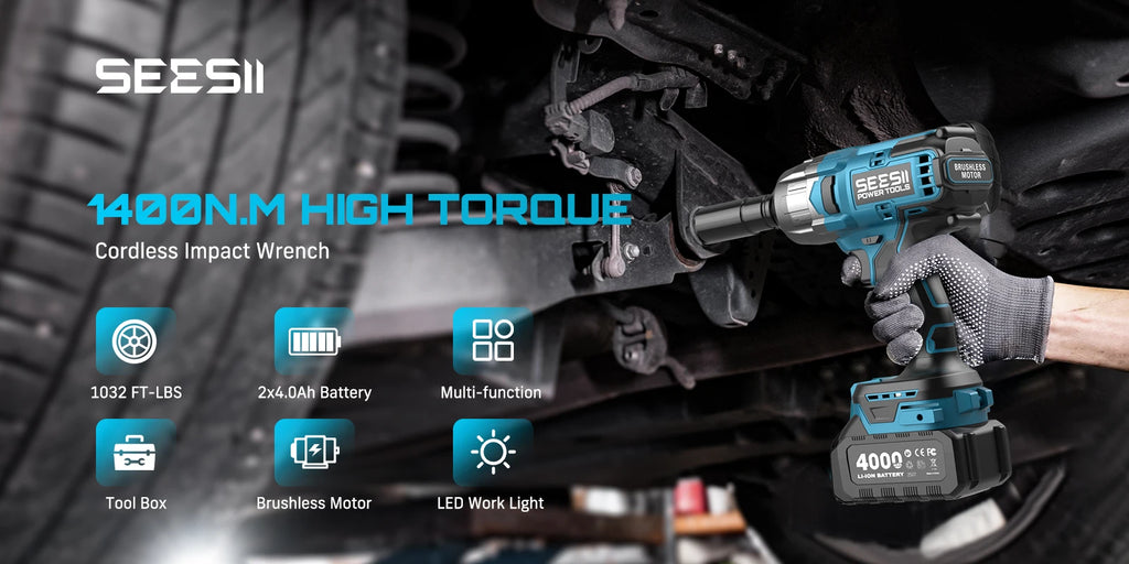 SEESII Cordless Impact Wrench Brushless Motor 1032Ft-lbs (1400N.m) Electric Impact Driver 2x4000mah Screwdriver Repair Tools
