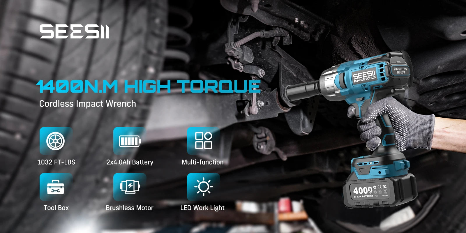 SEESII Cordless Impact Wrench Brushless Motor 1032Ft-lbs (1400N.m) Electric Impact Driver 2x4000mah Screwdriver Repair Tools